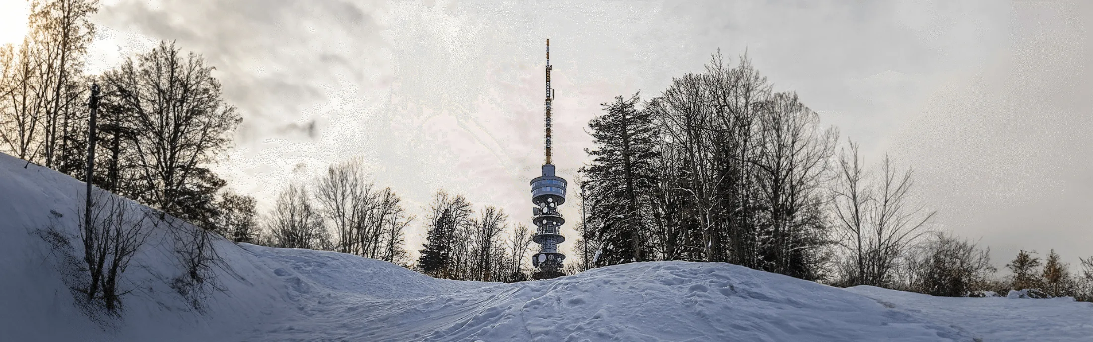 Telecommunication tower surrounded by a snowy landscape and bare trees under a cloudy sky.