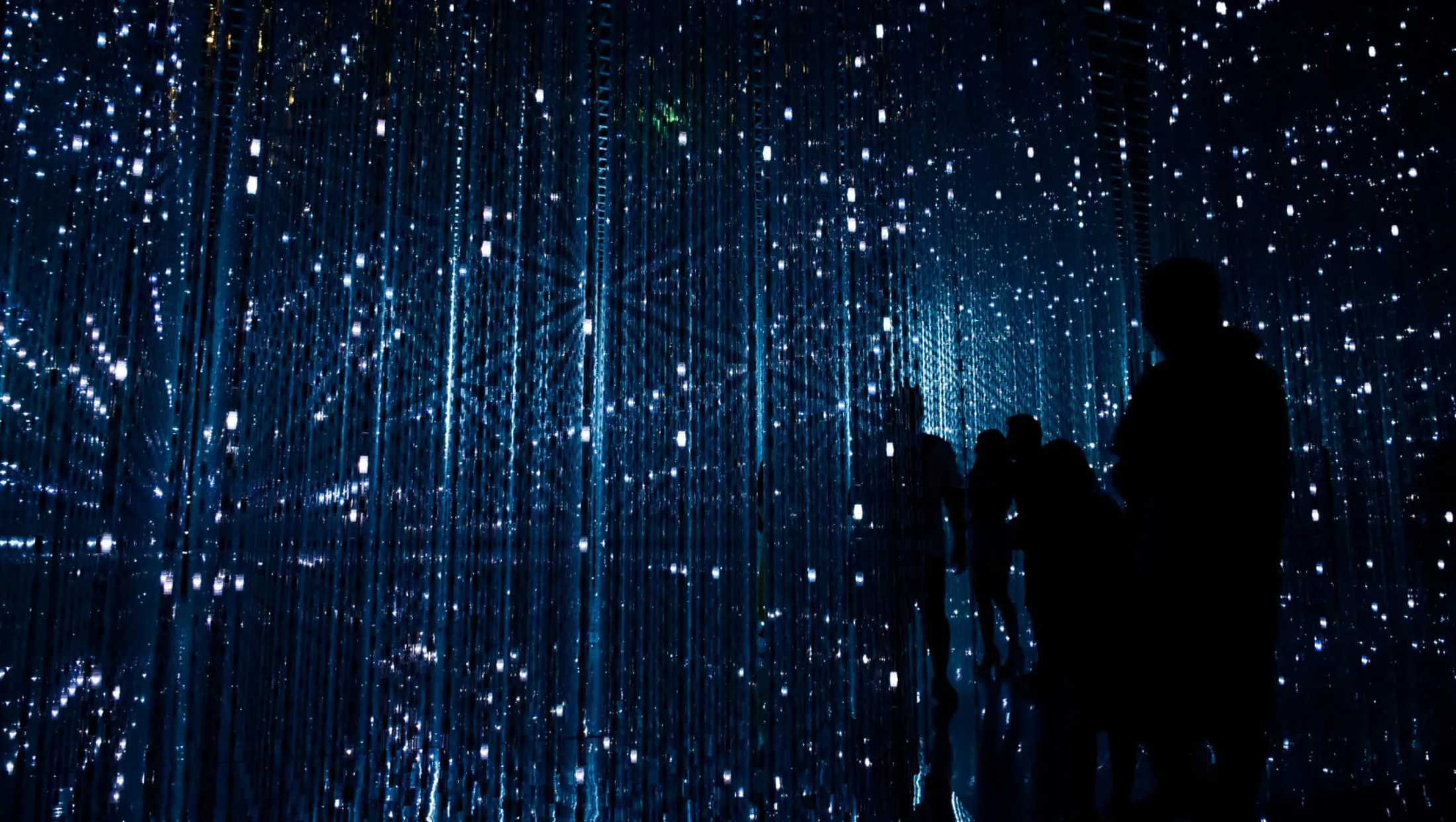 Silhouettes of people standing amidst a curtain of blue, twinkling lights in a dark, immersive environment.