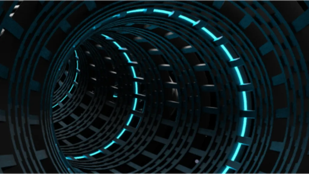 A dark, spiraling tunnel illuminated by bright blue neon lights, creating a futuristic and immersive effect.